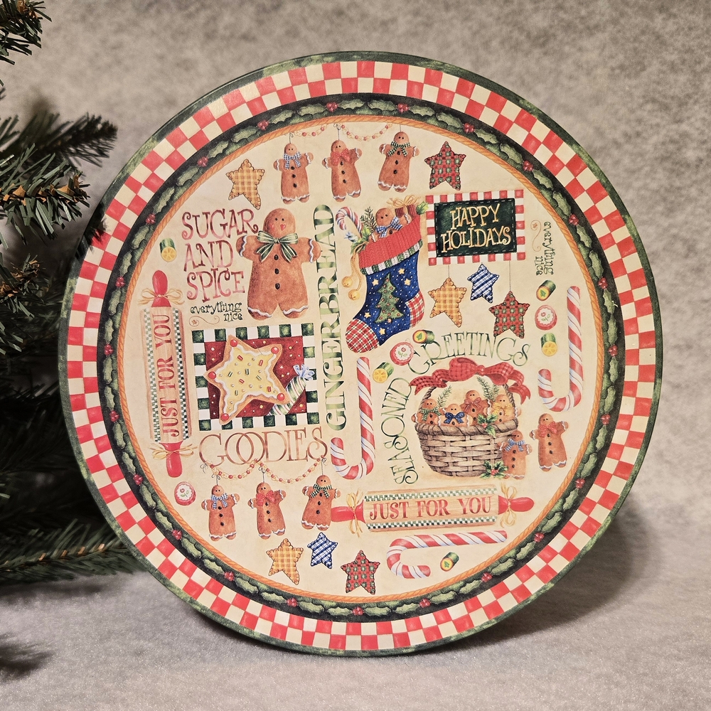 VTG 2001 Holiday Cookie Tin by Artist Vicky Howard 'Paint Box Cottage' 8" EUC